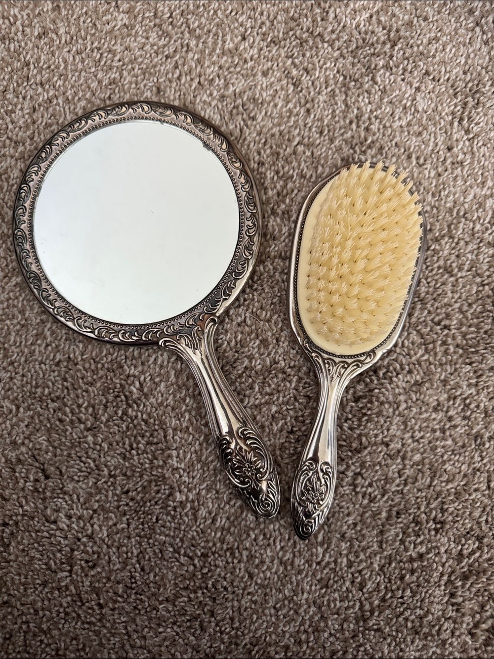 Ornate Silver Hand Mirror and Brush Set - Ivory Bristles